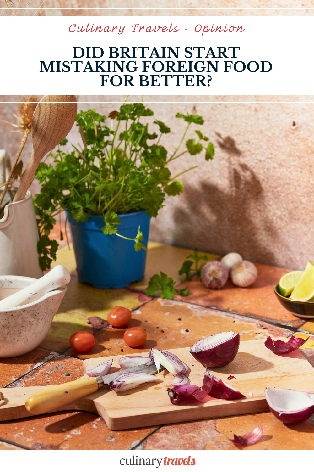 Pinterest collage for a Culinary Travels opinion piece about how Elizabeth David changed British cooking, featuring apples and an open cookbook, Mediterranean herbs and onions, and a wartime ration book.